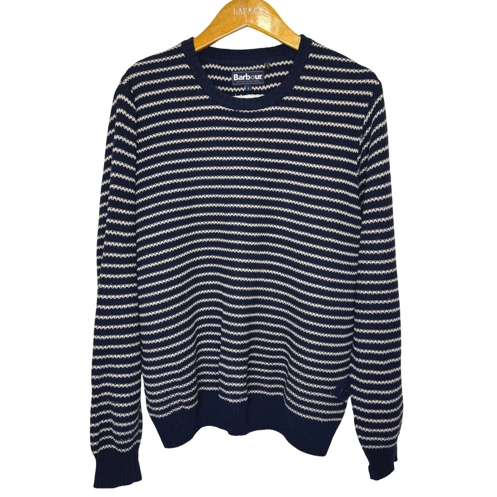 Barbour The Naval Belter Sweater Mens Large Blue/Tan Stripe